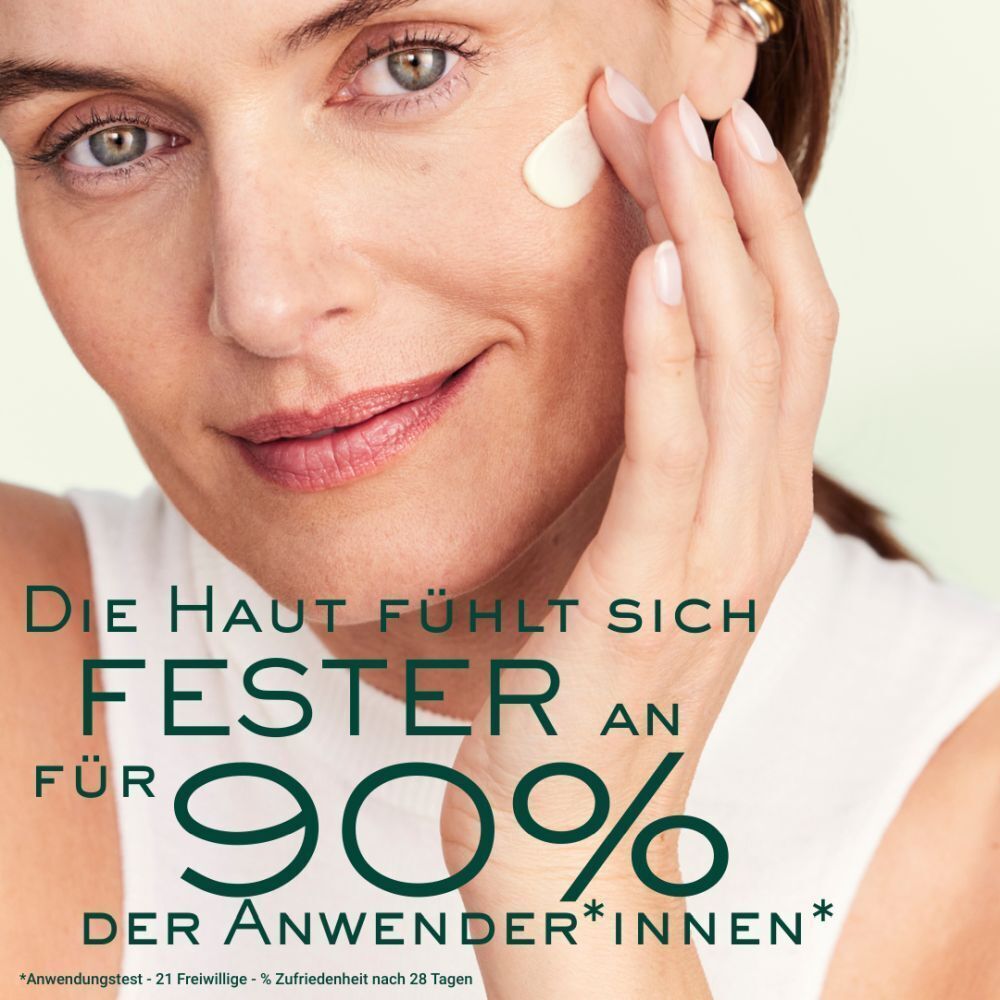 Frau berührt ihr Gesicht. Text: Die Haut fühlt sich fester an für 90% der Anwender*innen.