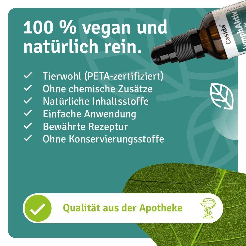 Braune Glasflasche mit schwarzem Sprühkopf. Text: 100 % vegan und natürlich rein. Vorteile: Tierwohl, ohne Zusätze, natürliche Inhaltsstoffe.