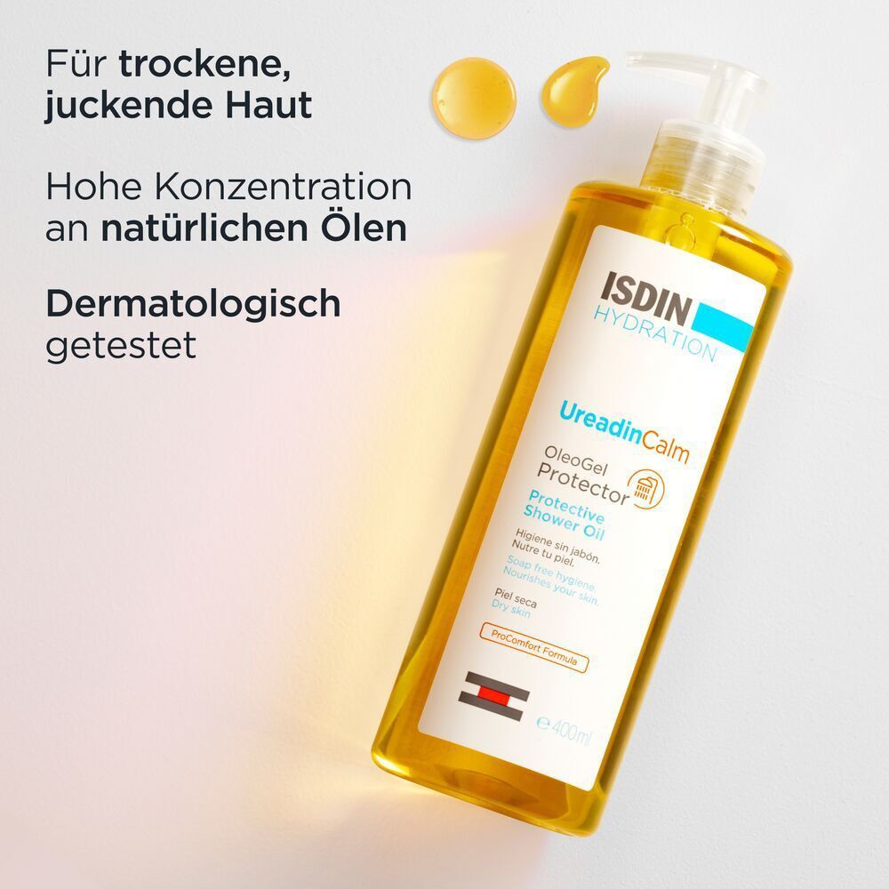 ISDIN Ureadin Calm Duschöl. Gelbe Flüssigkeit in einer Flasche. Text: Für trockene, juckende Haut. Dermatologisch getestet.