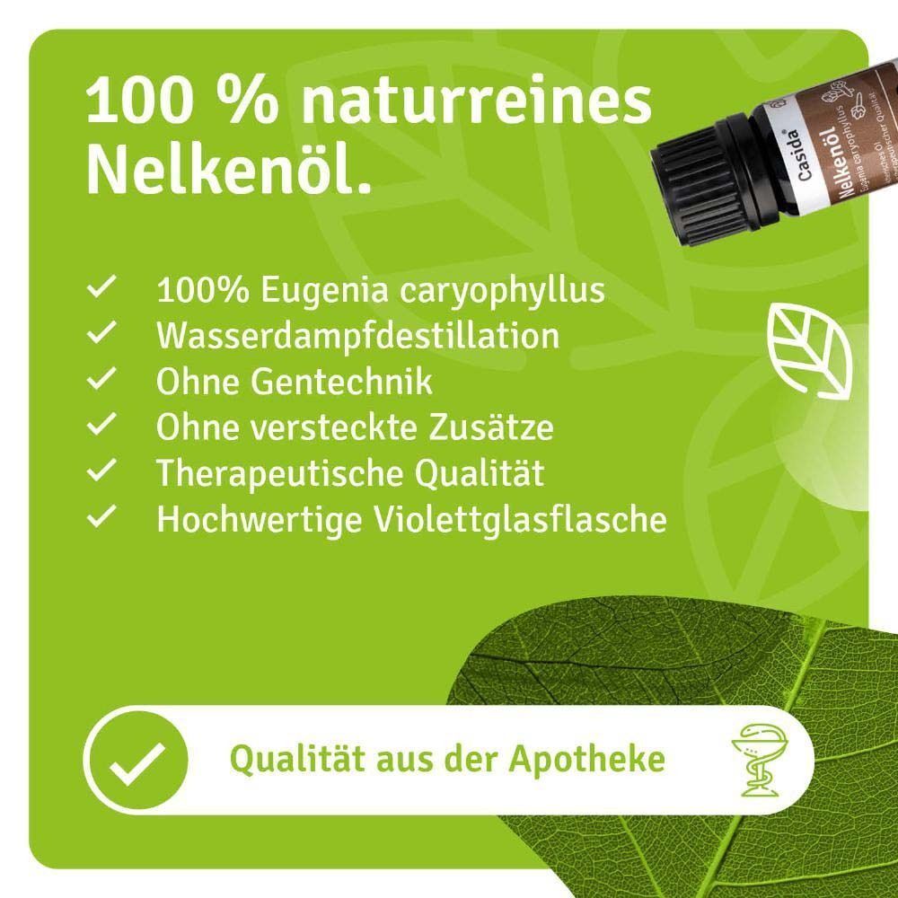Flasche Casida® Nelkenöl. Text: 100% Eugenia caryophyllus, Wasserdampfdestillation, ohne Gentechnik.