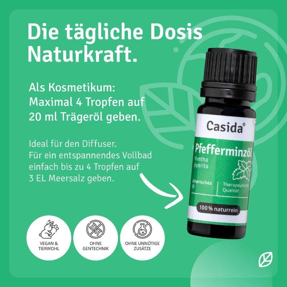 Flasche Casida® Pfefferminzöl. Text: Die tägliche Dosis Naturkraft. Vegan & tierwohl, ohne Gentechnik, ohne unnötige Zusätze.