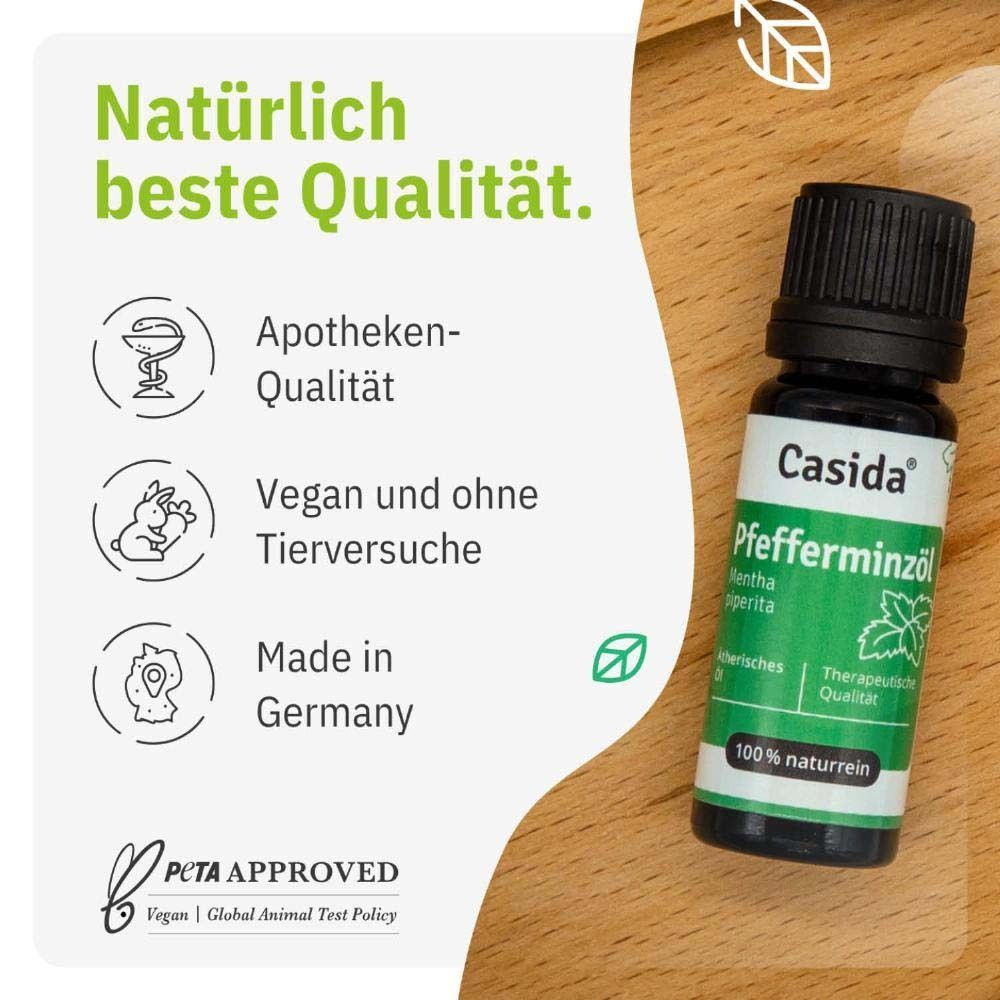 Flasche Casida® Pfefferminzöl. Text: Natürlich beste Qualität. Apotheken-Qualität, vegan und ohne Tierversuche, Made in Germany.