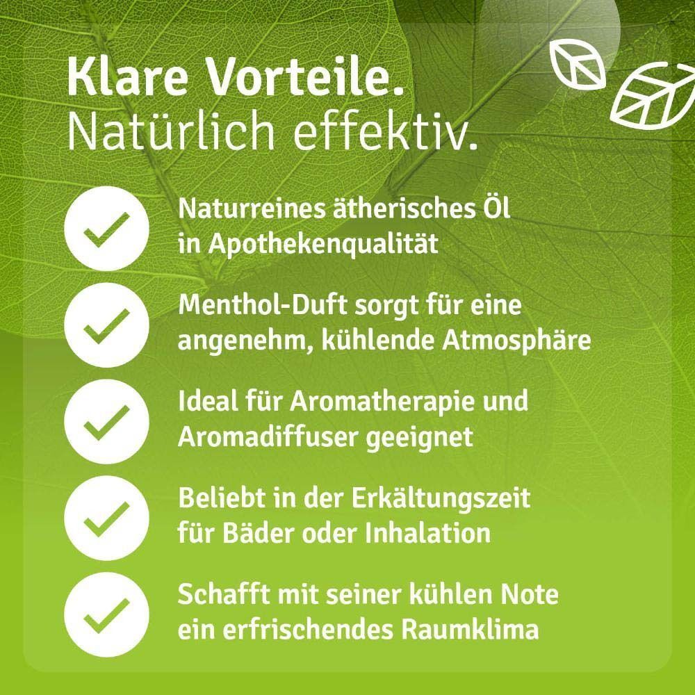 Text: Klare Vorteile. Natürlich effektiv. Ätherisches Öl in Apothekenqualität. Ideal für Aromatherapie. Beliebt für Bäder.