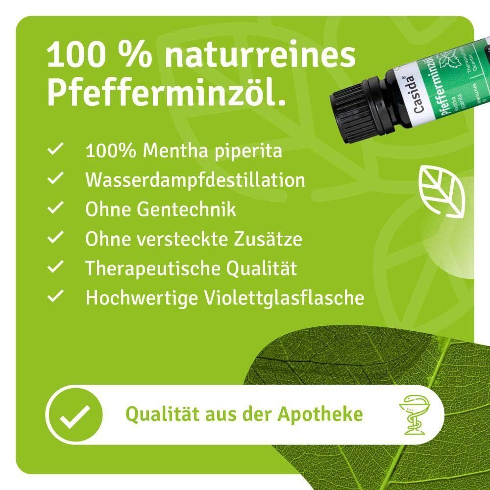 Flasche Casida® Pfefferminzöl. Text: 100 % naturreines Pfefferminzöl. Qualität aus der Apotheke. Ohne Gentechnik, therapeutische Qualität.