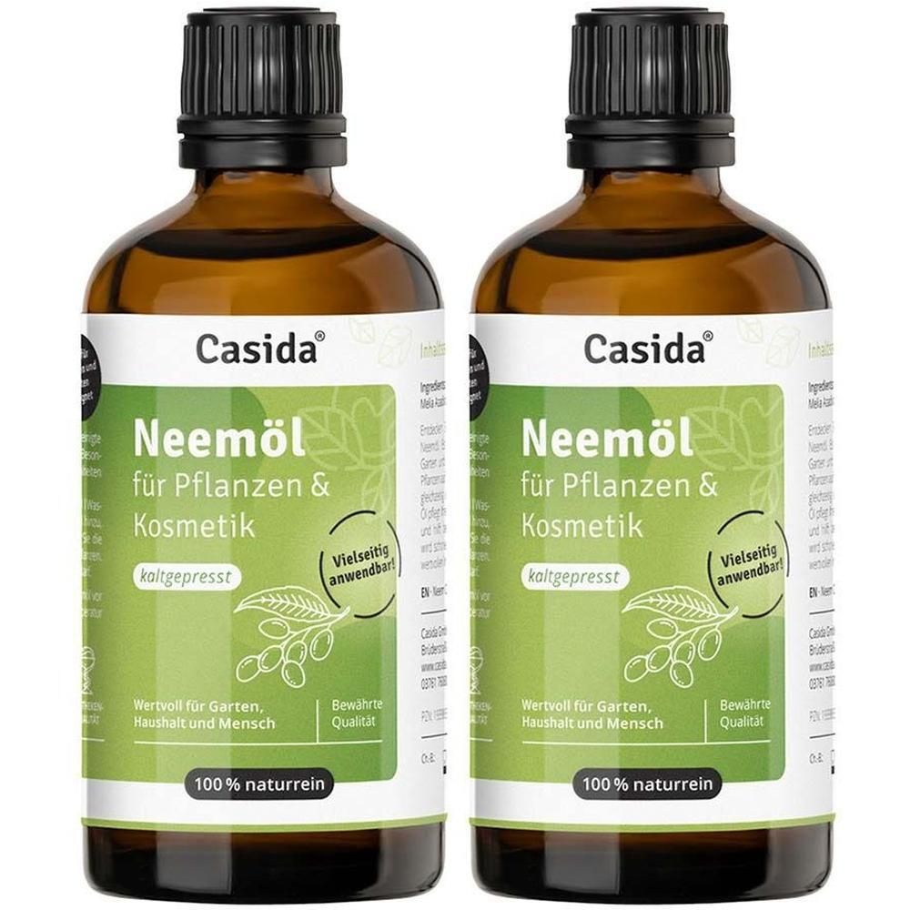 Zwei Flaschen Casida® Neemöl für Pflanzen & Kosmetik, 100% naturrein, kaltgepresst.