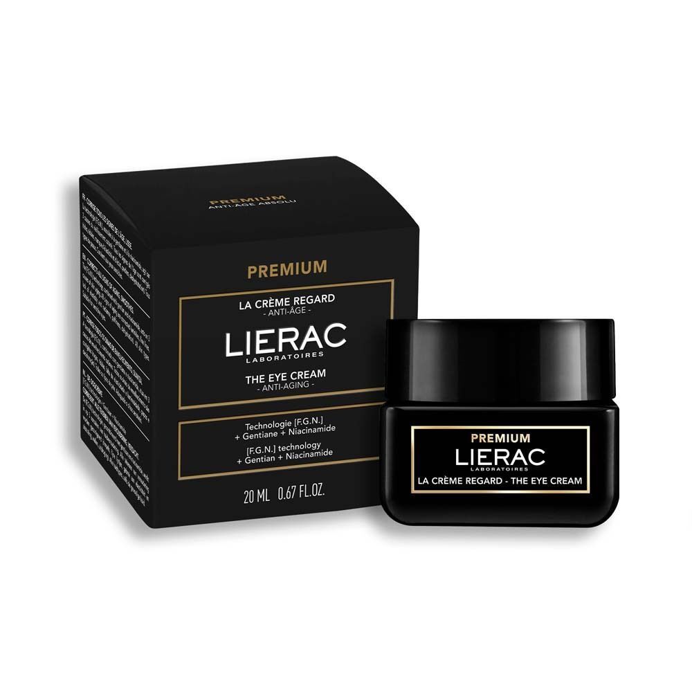 Schwarzer Tiegel und Schachtel. Aufschrift: PREMIUM, LIERAC, LA CRÈME REGARD - THE EYE CREAM, 20 ml.