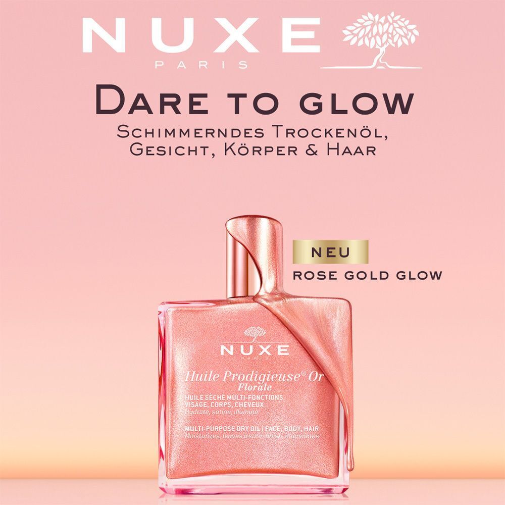 Ein Flakon mit rosafarbenem Öl. Aufschrift: Nuxe Huile Prodigieuse® Or Florale. Quadratischer Flakon mit goldenem Verschluss. Text: Dare to Glow.
