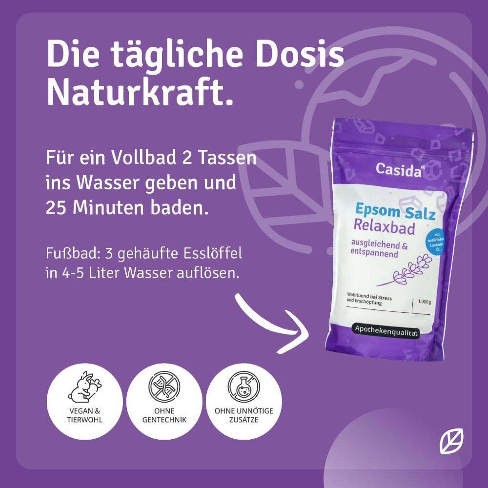 Produktbeutel Epsom Salz Relaxbad. Lila Verpackung mit Produktinformationen. Anwendungsbeispiele für Voll- und Fußbad.