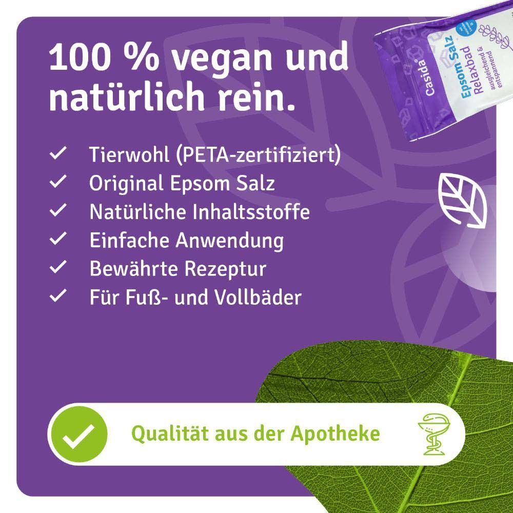Produktbeutel Epsom Salz Relaxbad. Lila Verpackung mit Produktinformationen. Vegan, tierwohl, Original Epsom Salz, natürliche Inhaltsstoffe.