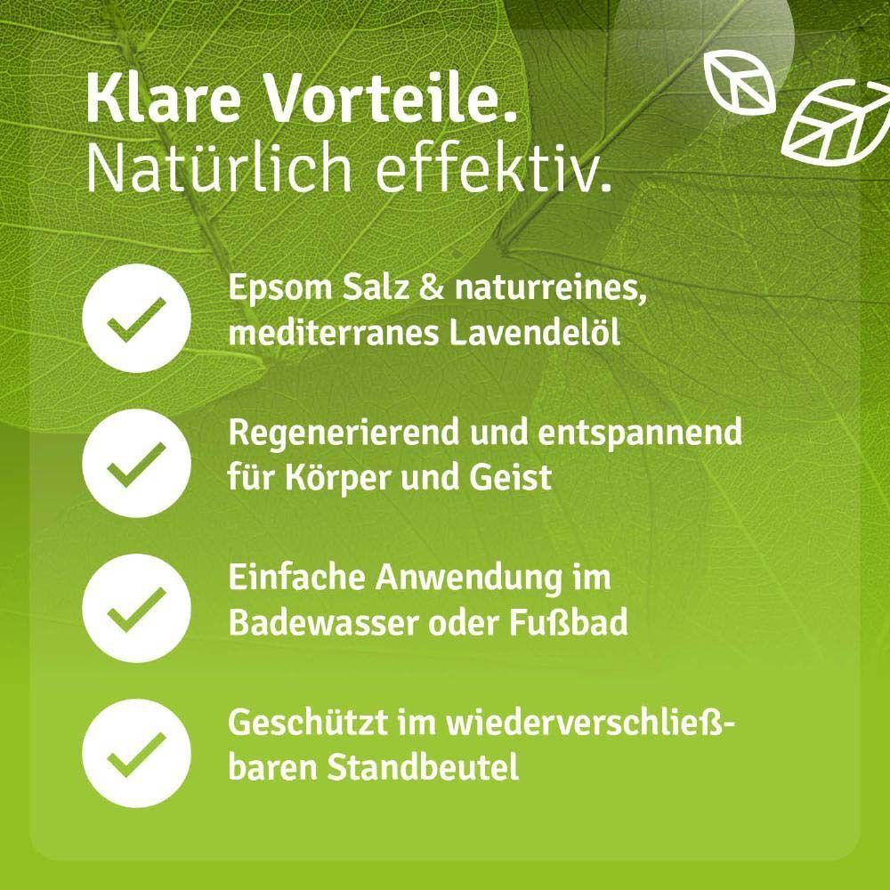 Produktbeutel Epsom Salz Relaxbad. Lila Verpackung mit Produktinformationen. Vorteile: Epsom Salz, entspannend, einfache Anwendung.
