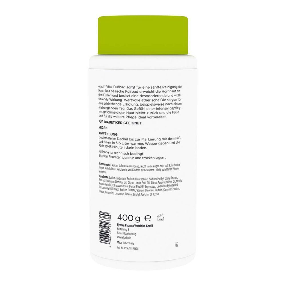 Rückseite einer weißen Flasche efasit® Vital Fußbad. Text: Inhaltsstoffe, Anwendung, für Diabetiker geeignet, 400g e, hergestellt in Deutschland.