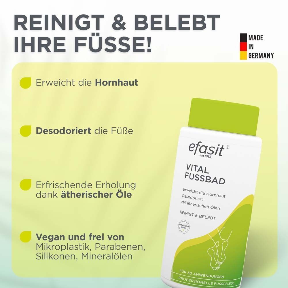Werbetafel mit Flasche efasit® Vital Fußbad. Text: Reinigt & belebt Ihre Füße! Erweicht die Hornhaut, desodoriert, erfrischt, vegan.
