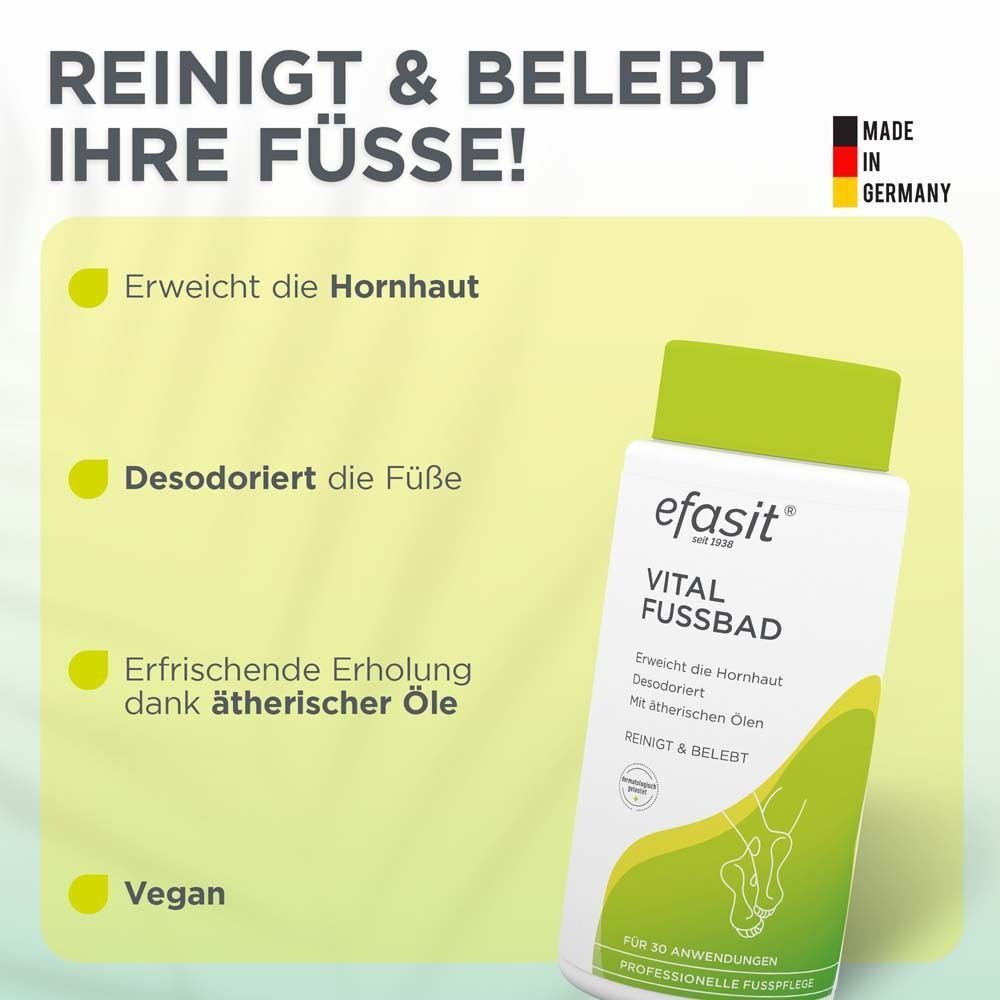 Werbetafel mit Flasche efasit® Vital Fußbad. Text: Reinigt & belebt Ihre Füße! Erweicht die Hornhaut, desodoriert, erfrischt, vegan.