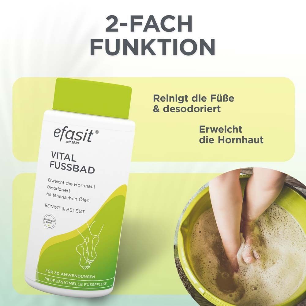 Werbetafel mit Flasche efasit® Vital Fußbad und Füßen in einem Fußbad. Text: 2-Fach Funktion. Reinigt & desodoriert, erweicht die Hornhaut.