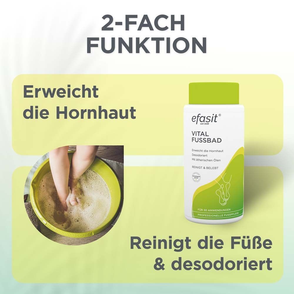 Werbetafel mit Flasche efasit® Vital Fußbad und Füßen in einem Fußbad. Text: 2-Fach Funktion. Erweicht die Hornhaut, reinigt & desodoriert.