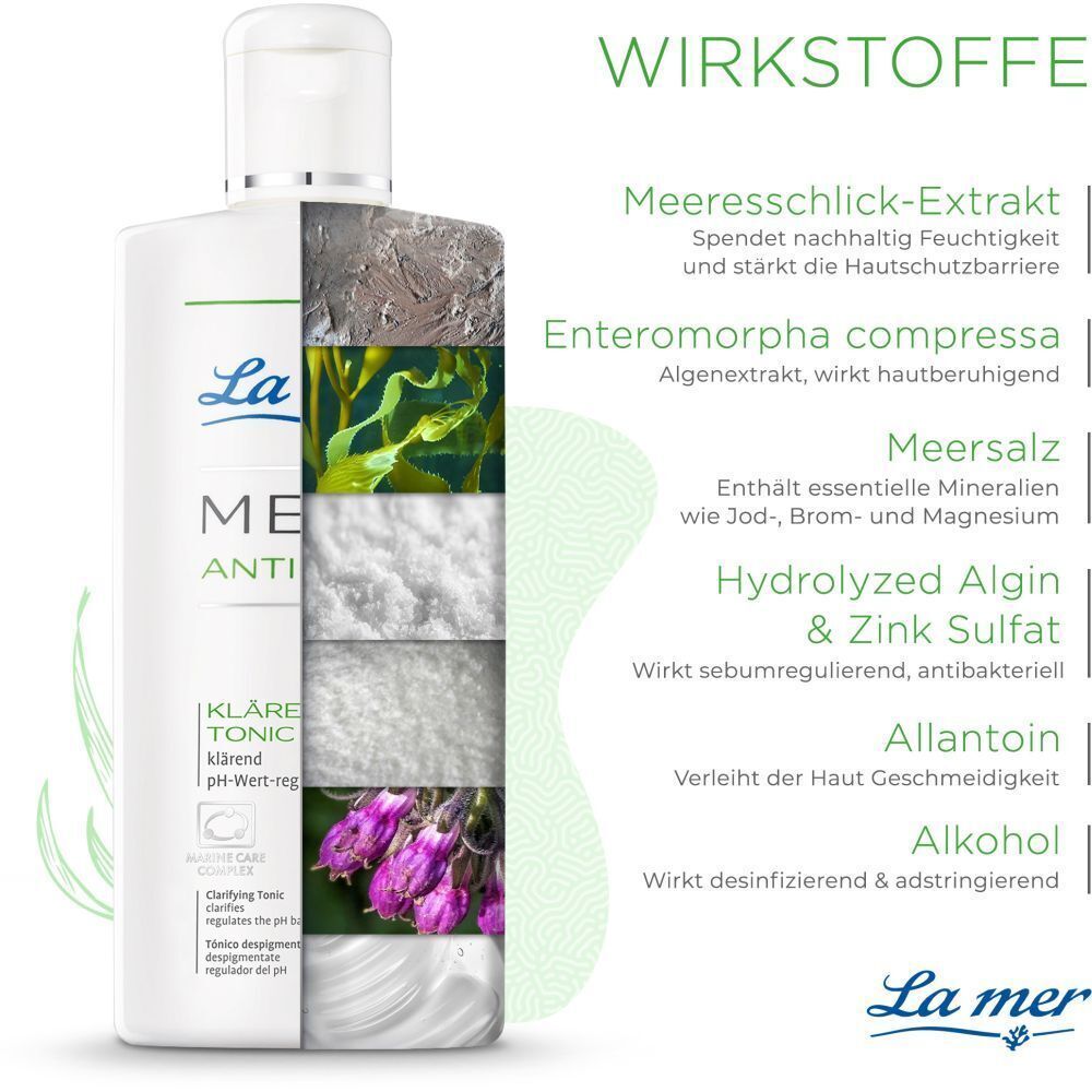 Produktflasche mit Inhaltsstoff-Grafik. Meeresschlick-Extrakt, Enteromorpha compressa, Meersalz, Hydrolyzed Algin & Zink Sulfat, Allantoin, Alkohol.