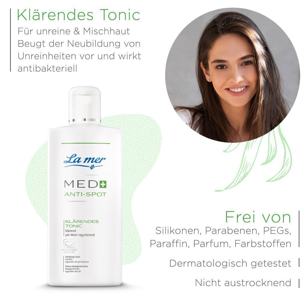 Produktflasche neben einer Frau. Text: Klärendes Tonic für unreine Haut. Frei von Silikonen, Parabenen, PEGs, Paraffin, Parfum, Farbstoffen.