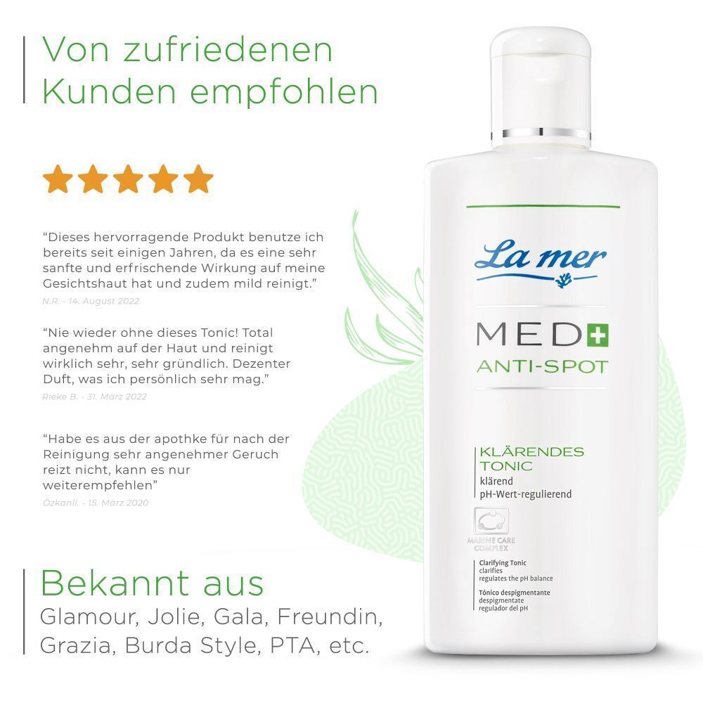 Produktflasche mit Text: Klärendes Tonic. Empfehlungen von Kunden. Bekannt aus Glamour, Jolie, Gala, Freundin, Grazia, Burda Style, PTA, etc.