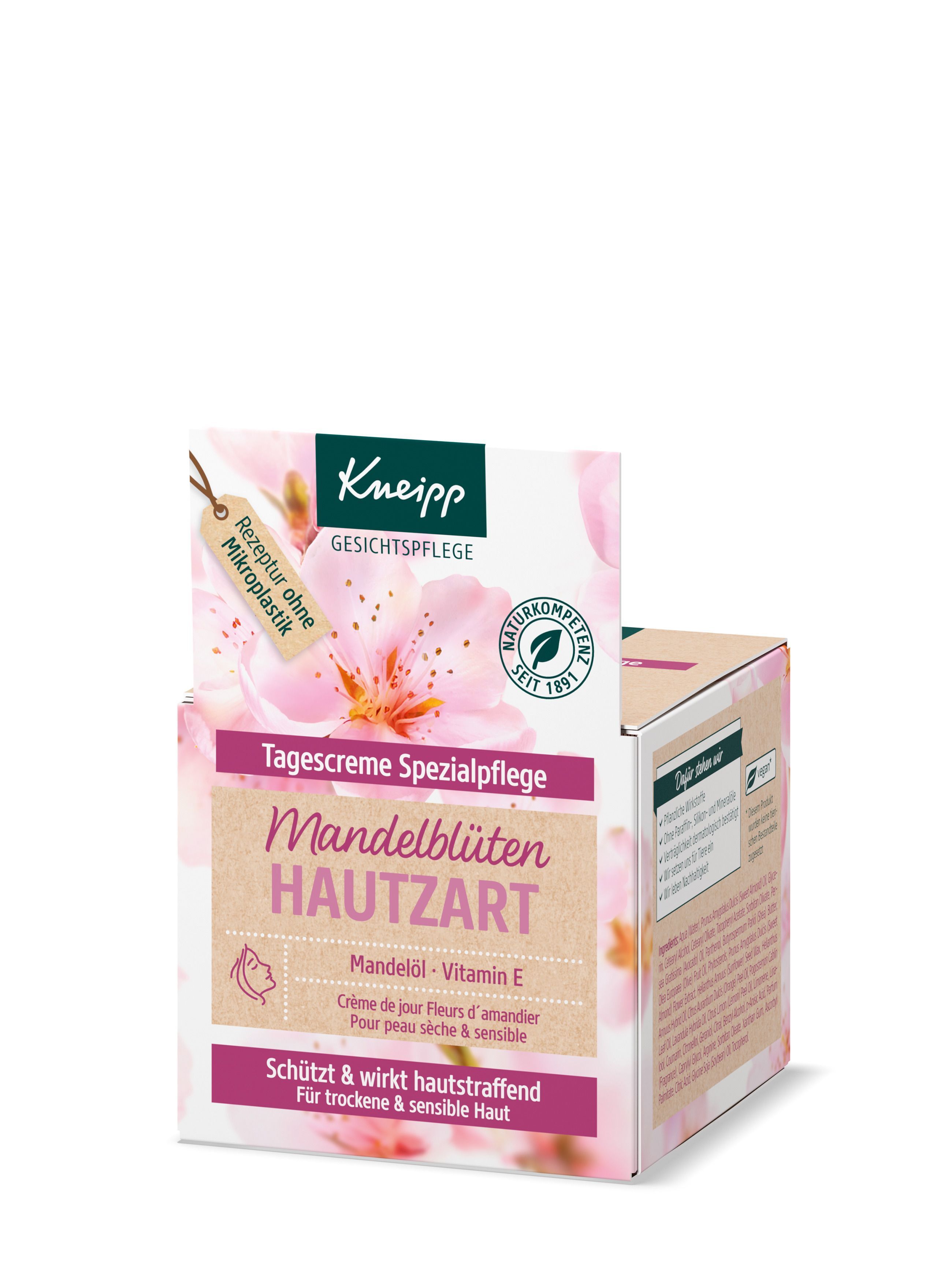 Produktverpackung. Auf der Verpackung steht: Tagescreme Spezialpflege Mandelblüten Hautzart. Marke: Kneipp. Mit Mandelöl und Vitamin E. Vegan-Siegel.