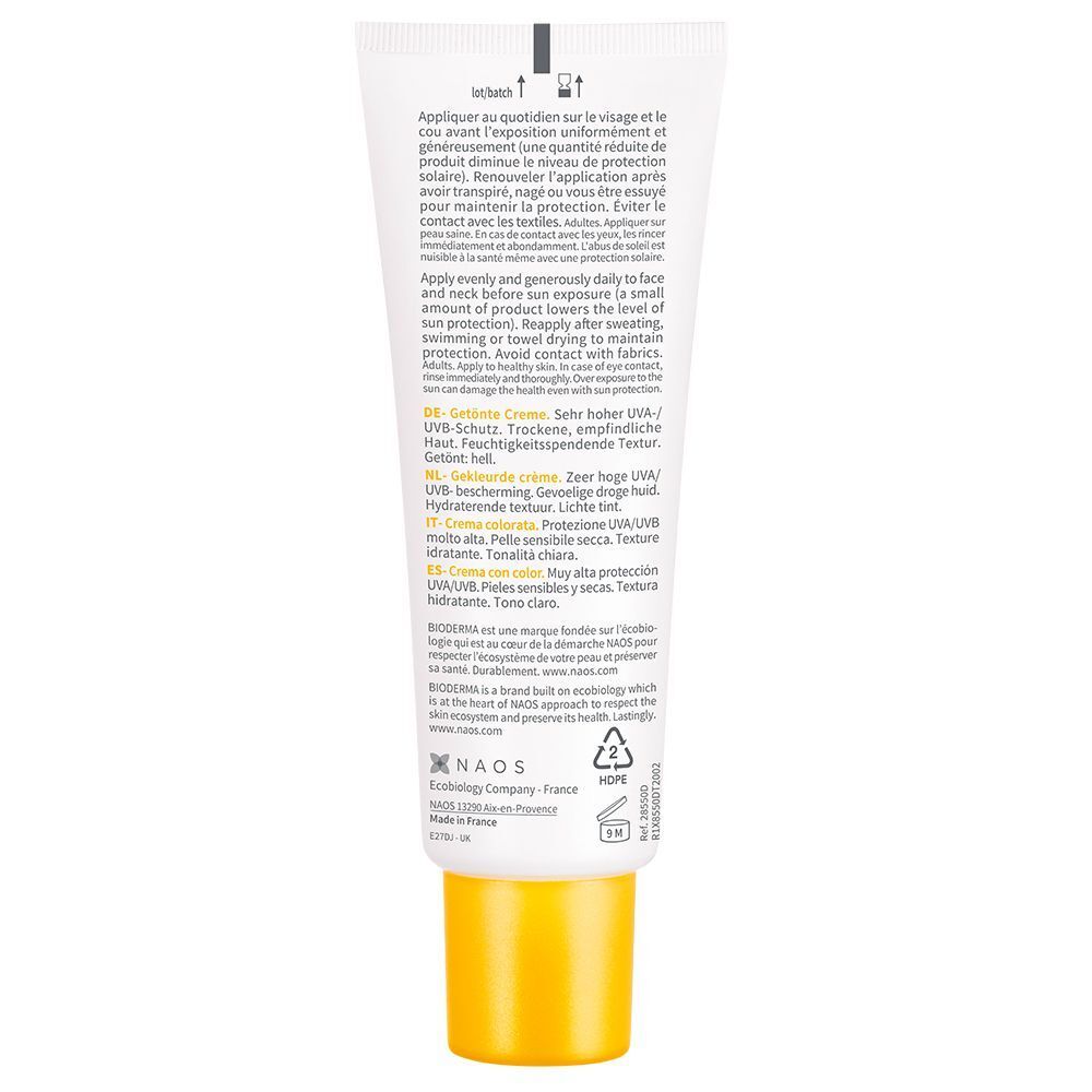 Rückseite einer Tube BIODERMA Photoderm Crème. Text in Deutsch, Englisch, Französisch, Italienisch, Niederländisch. Gelber Verschluss, weißer Tubenkörper.
