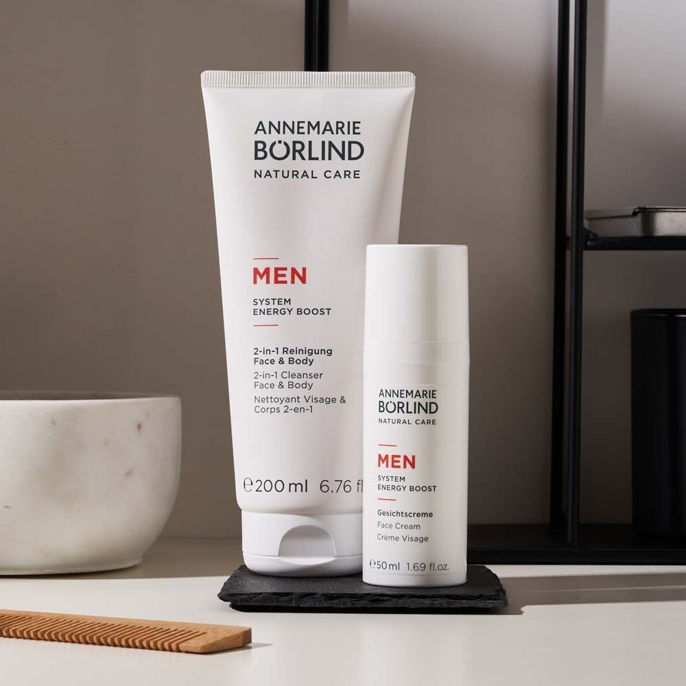 ANNEMARIE BÖRLIND MEN Gesichtscreme (50 ml) und 2-in-1 Reinigung (200 ml) auf einem Stein.