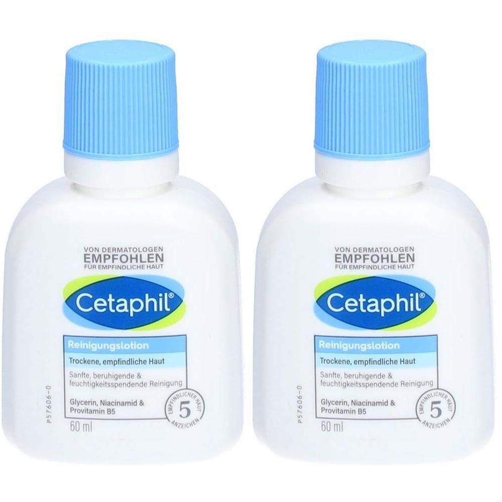 Zwei Flaschen Cetaphil Reinigungslotion. Weiße Flaschen mit blauem Deckel. Aufschrift: Cetaphil, Reinigungslotion, 60 ml.
