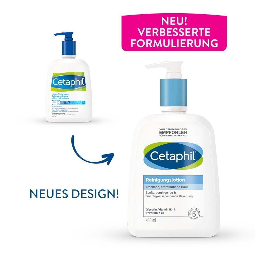 Cetaphil Reinigungslotion in zwei Größen. Eine Flasche mit Pumpe und eine kleinere Flasche. Aufschrift: Cetaphil, Reinigungslotion, 400 ml.