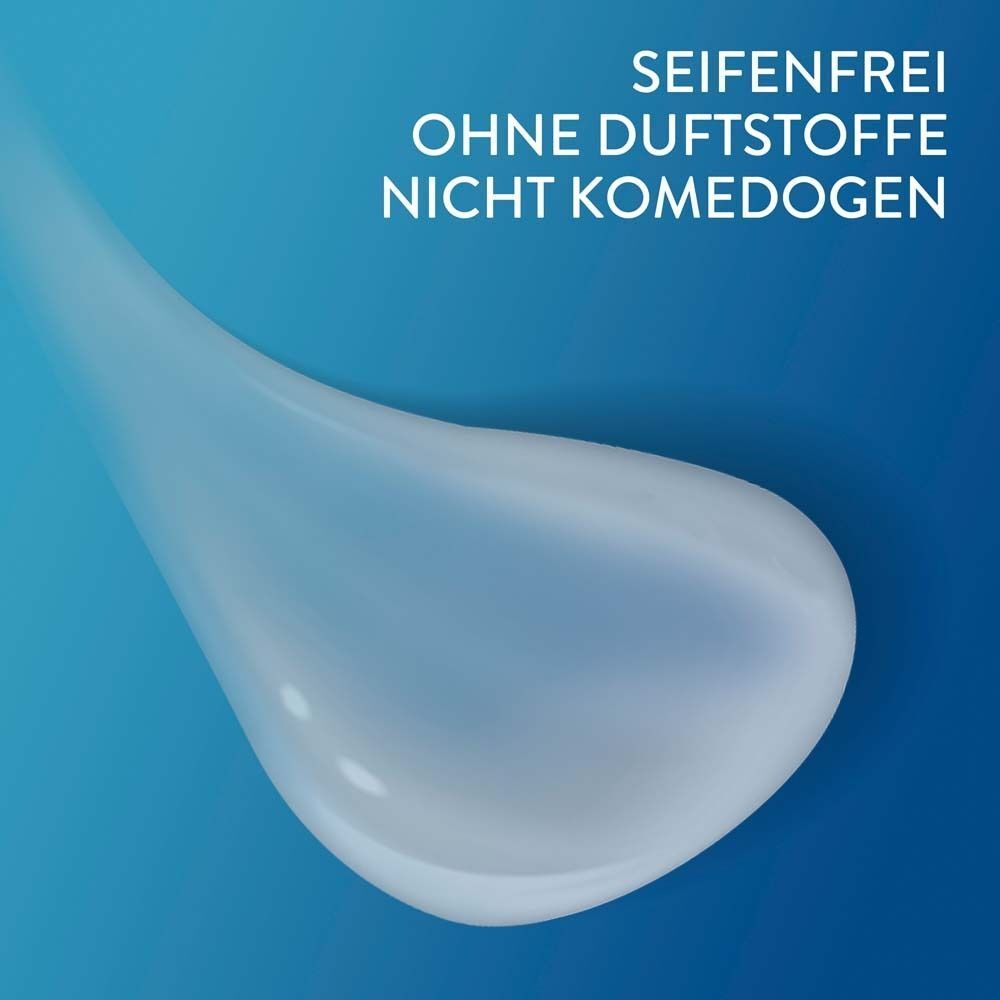 Nahaufnahme einer gelartigen Substanz. Text: Seifenfrei, ohne Duftstoffe, nicht komedogen.