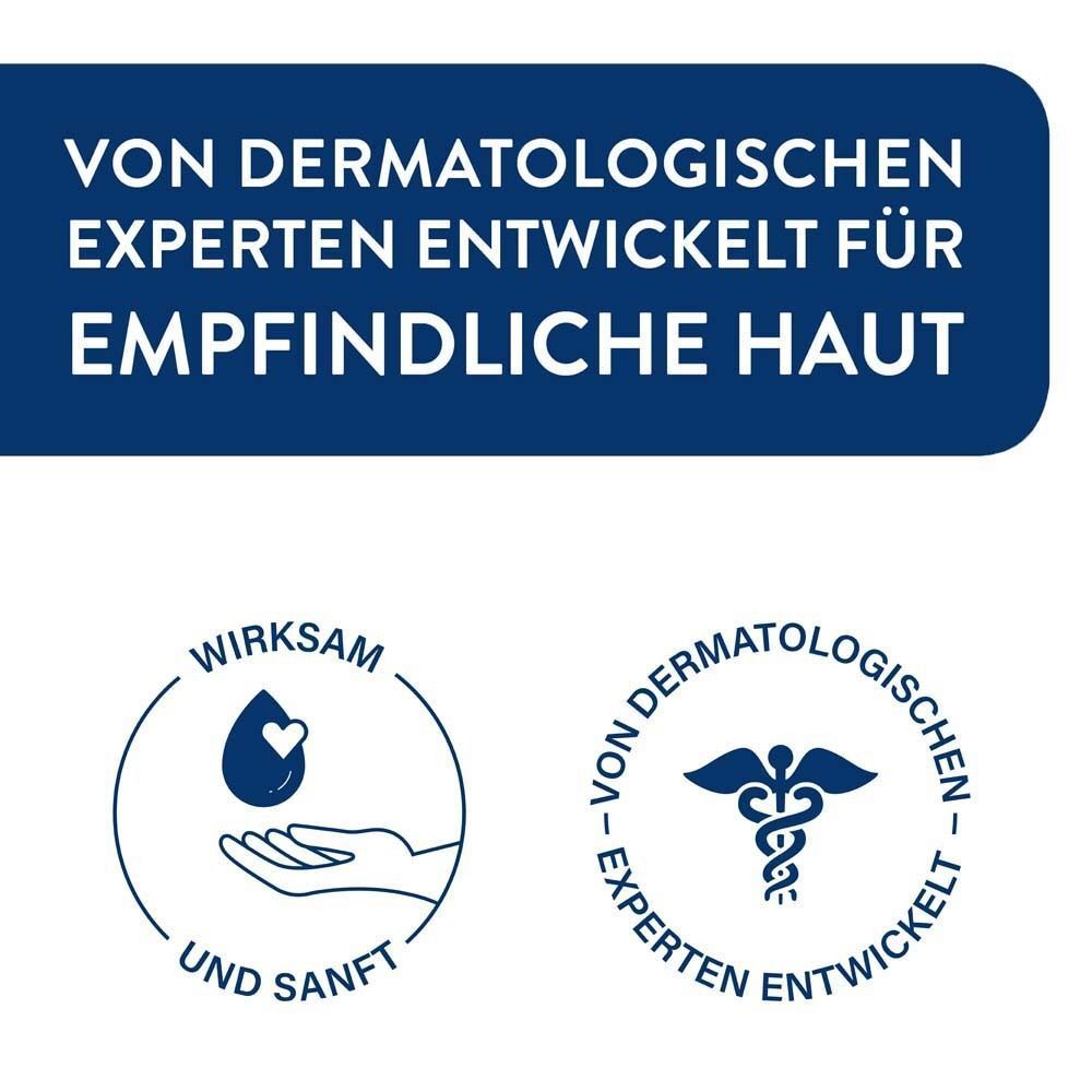 Text: Von Dermatologen Experten entwickelt für empfindliche Haut. Logos: Tropfen in Hand, Äskulapstab.