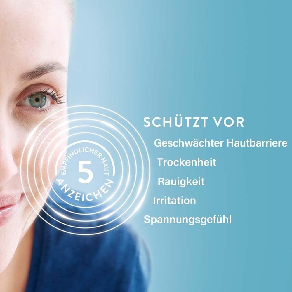 Frauengesicht. Text: Schützt vor geschwächter Hautbarriere, Trockenheit, Rauigkeit, Irritation, Spannungsgefühl. 5 Ringe.