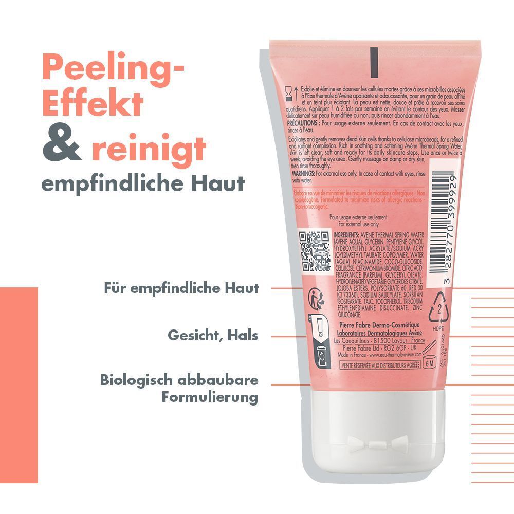 Rückseite der Avène Mildes Peeling-Gel Tube. Rosa Hintergrund. Text: Für empfindliche Haut, Gesicht, Hals, biologisch abbaubar.