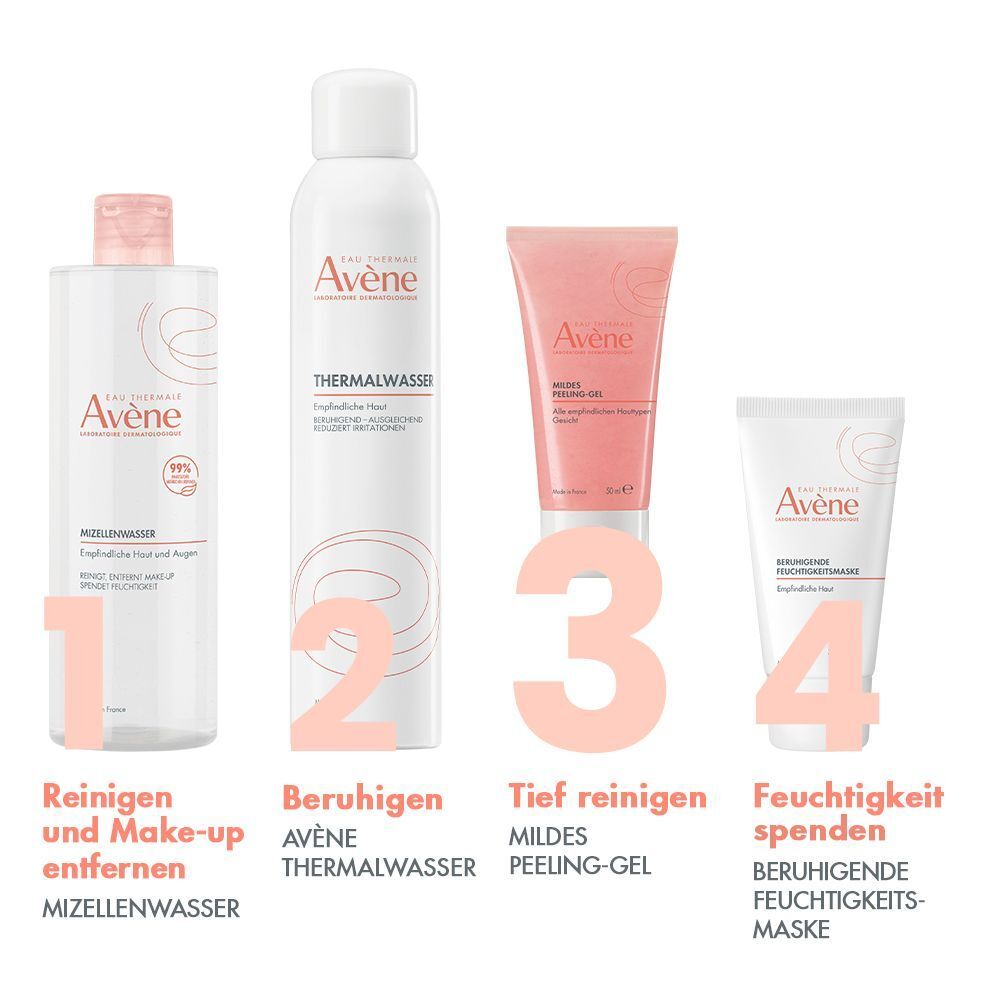 Vier Avène Produkte: Mizellenwasser, Thermalwasser, Mildes Peeling-Gel, Feuchtigkeitsmaske. Nummeriert und beschriftet.