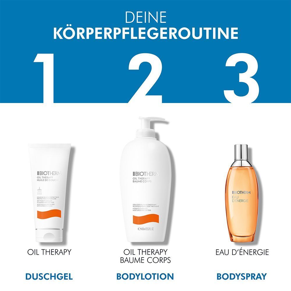Drei Produkte: Tube, Flasche und Sprühflasche. Aufschrift: OIL THERAPY, BAUME CORPS, EAU D'ÉNERGIE. Blaue und weiße Elemente.