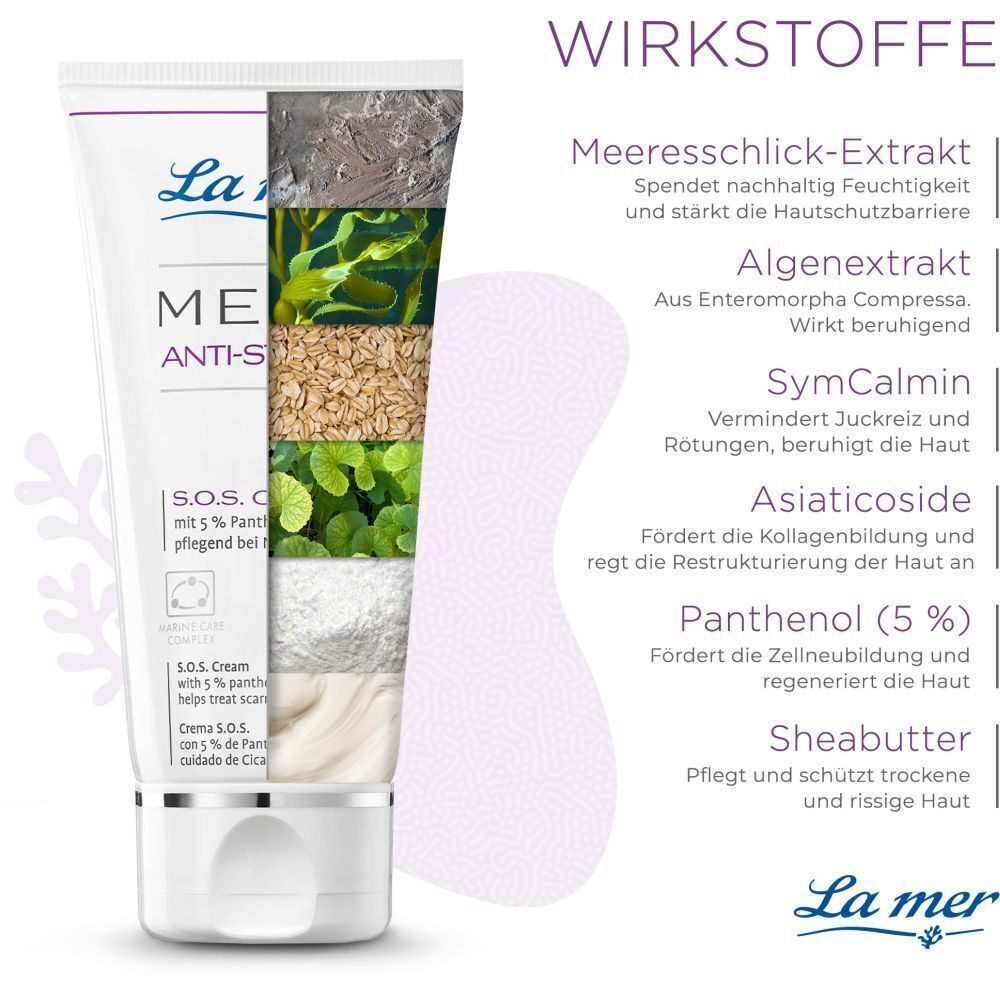 Aufgeschnittene Tube La mer MED+ Anti-Stress S.O.S. Cream. Inhaltsstoffe: Meereschlick-Extrakt, Algenextrakt, SymCalmin, Asiaticoside, Panthenol, Sheabutter.