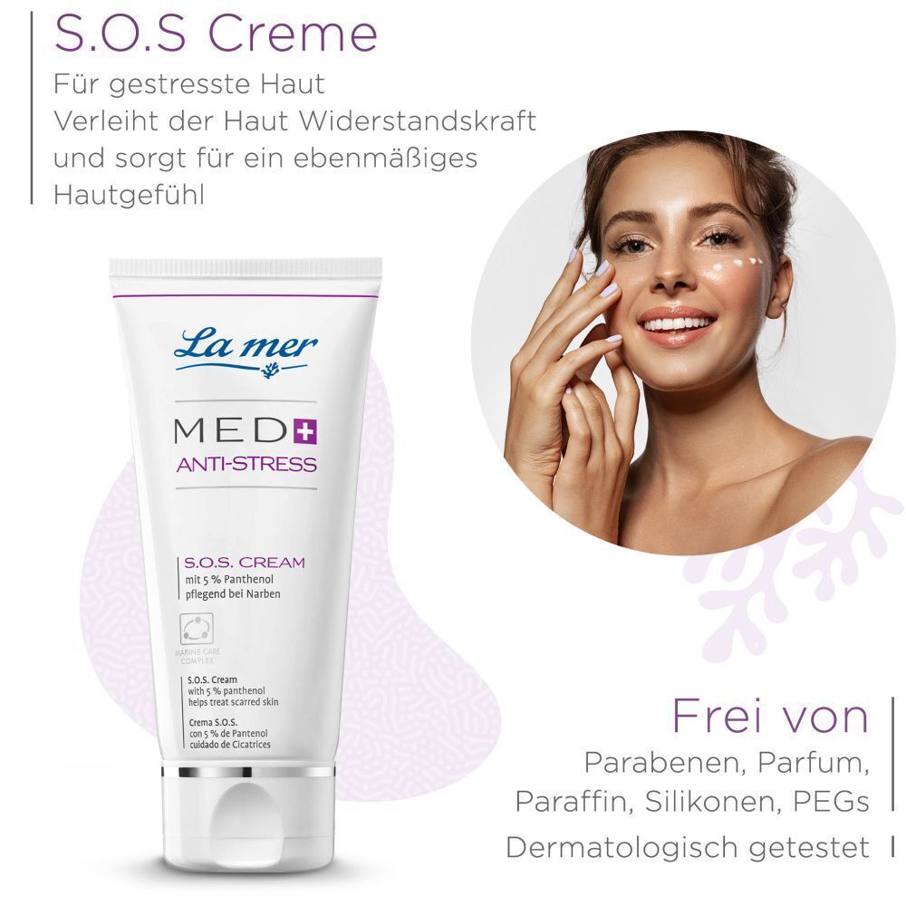 La mer MED+ Anti-Stress S.O.S. Cream neben einer Frau. Text: Frei von Parabenen, Parfum, Paraffin, Silikonen, PEGs. Dermatologisch getestet.