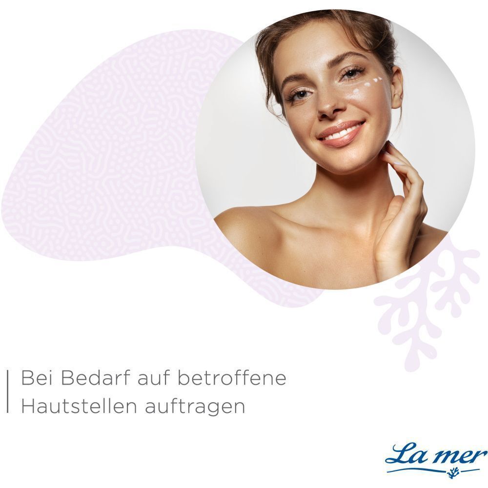 Frau mit Creme auf der Haut. Text: Bei Bedarf auf betroffene Hautstellen auftragen. La mer Logo.