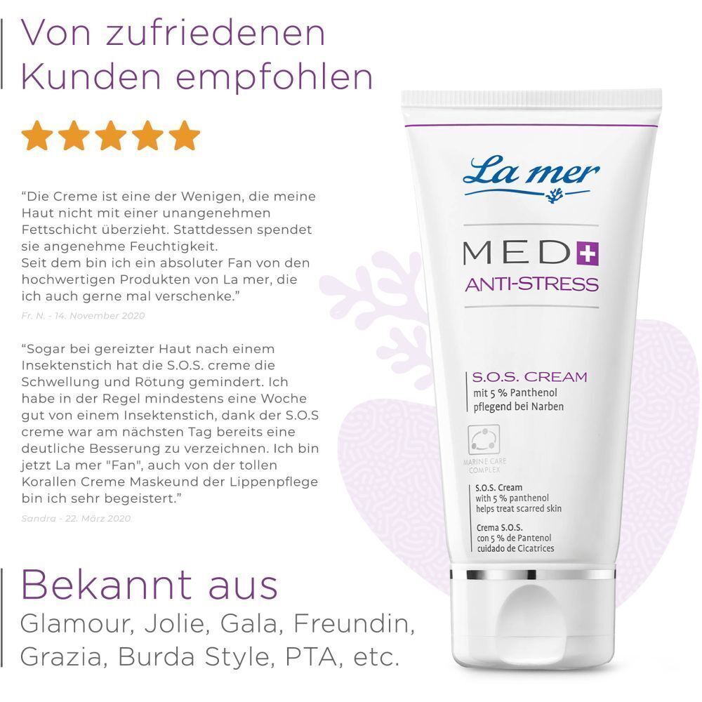 La mer MED+ Anti-Stress S.O.S. Cream. Text: S.O.S. Cream mit 5% Panthenol. Empfehlungen von Kunden. Bekannt aus Glamour, Jolie, Gala, etc.