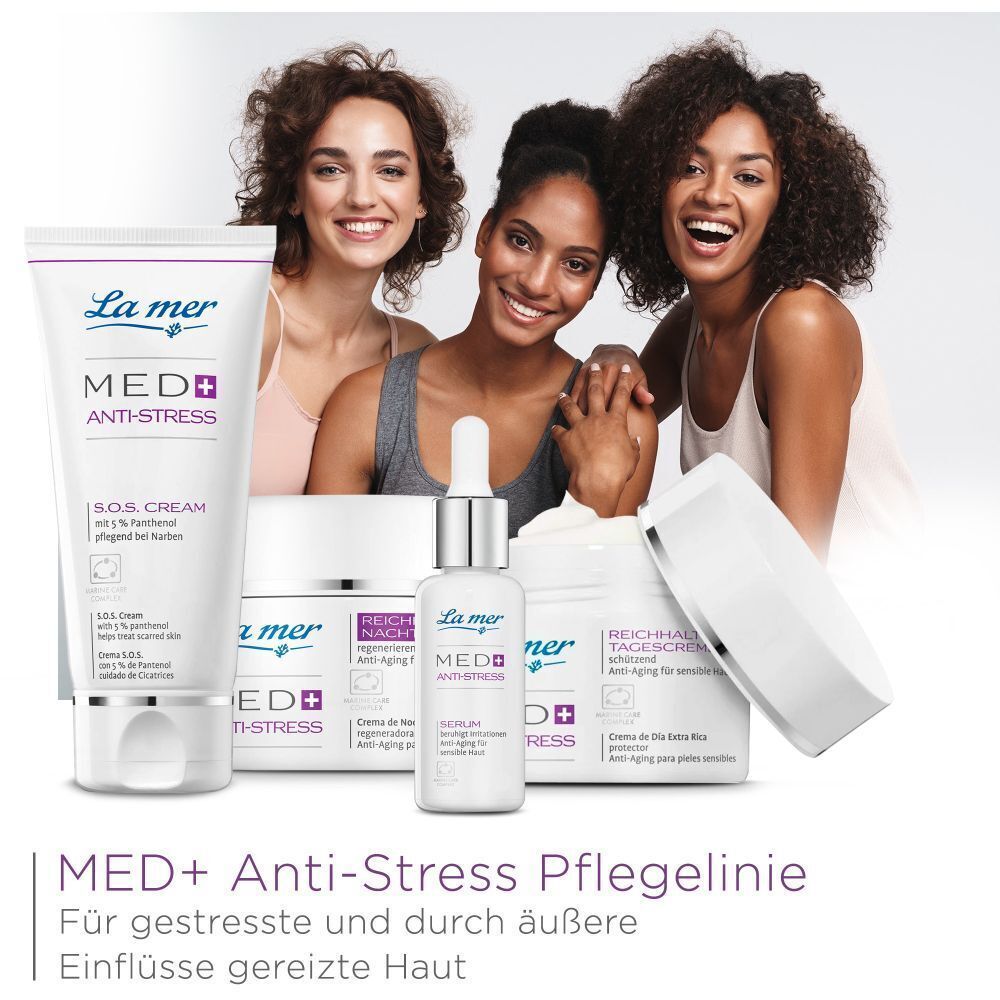 La mer MED+ Anti-Stress Produktlinie. Produkte: Creme, Serum, weitere Cremes. Text: MED+ Anti-Stress Pflegelinie für gestresste Haut.