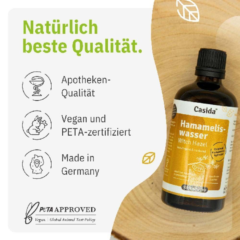 Braune Glasflasche mit schwarzem Verschluss. Etikett mit Produktname und Logo. PETA-zertifiziert, Made in Germany.