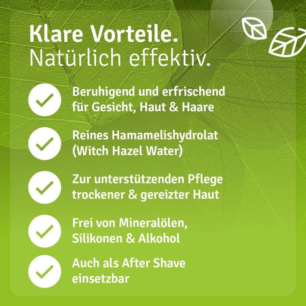 Braune Glasflasche mit schwarzem Verschluss. Etikett mit Produktname und Logo. Text: Beruhigend und erfrischend für Gesicht, Haut & Haare.