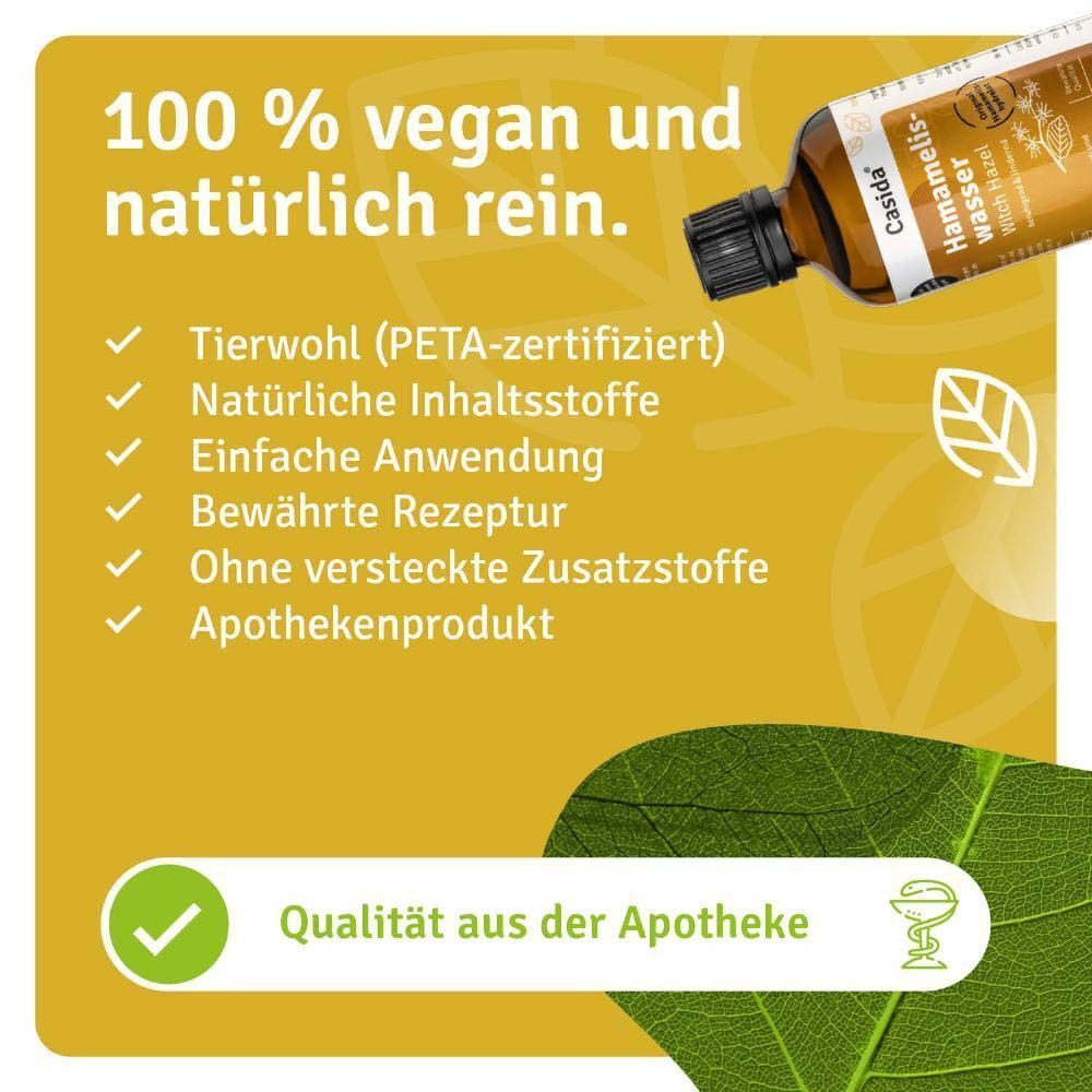 Braune Glasflasche mit schwarzem Verschluss. Etikett mit Produktname und Logo. Text: Tierwohl (PETA-zertifiziert), Apothekenprodukt.