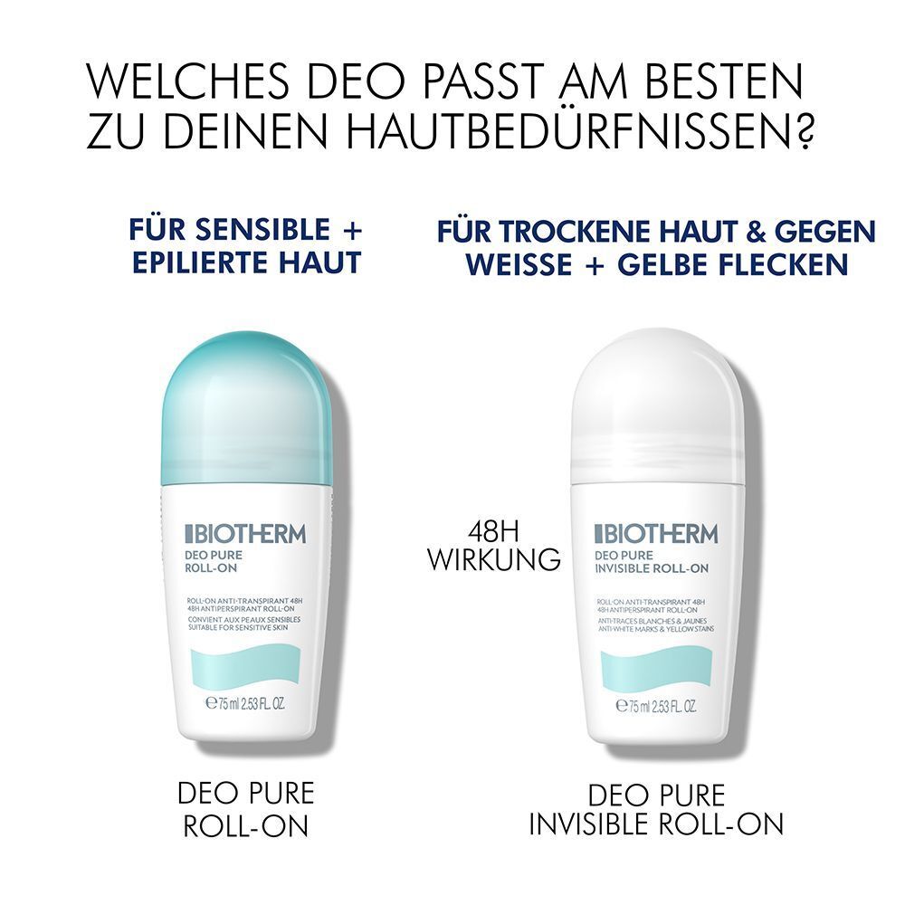 Zwei Deo Roll-On Flaschen. Links: BIOTHERM Deo Pure Roll-On. Rechts: BIOTHERM Deo Invisible Roll-On. Text: 48h Wirkung. Für sensible Haut.