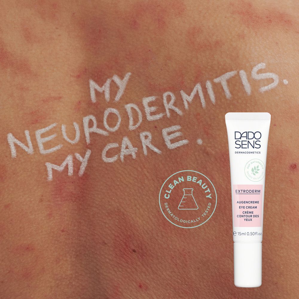 Haut mit roten Flecken, daneben eine Tube DADO SENS EXTRODERM Augencreme.