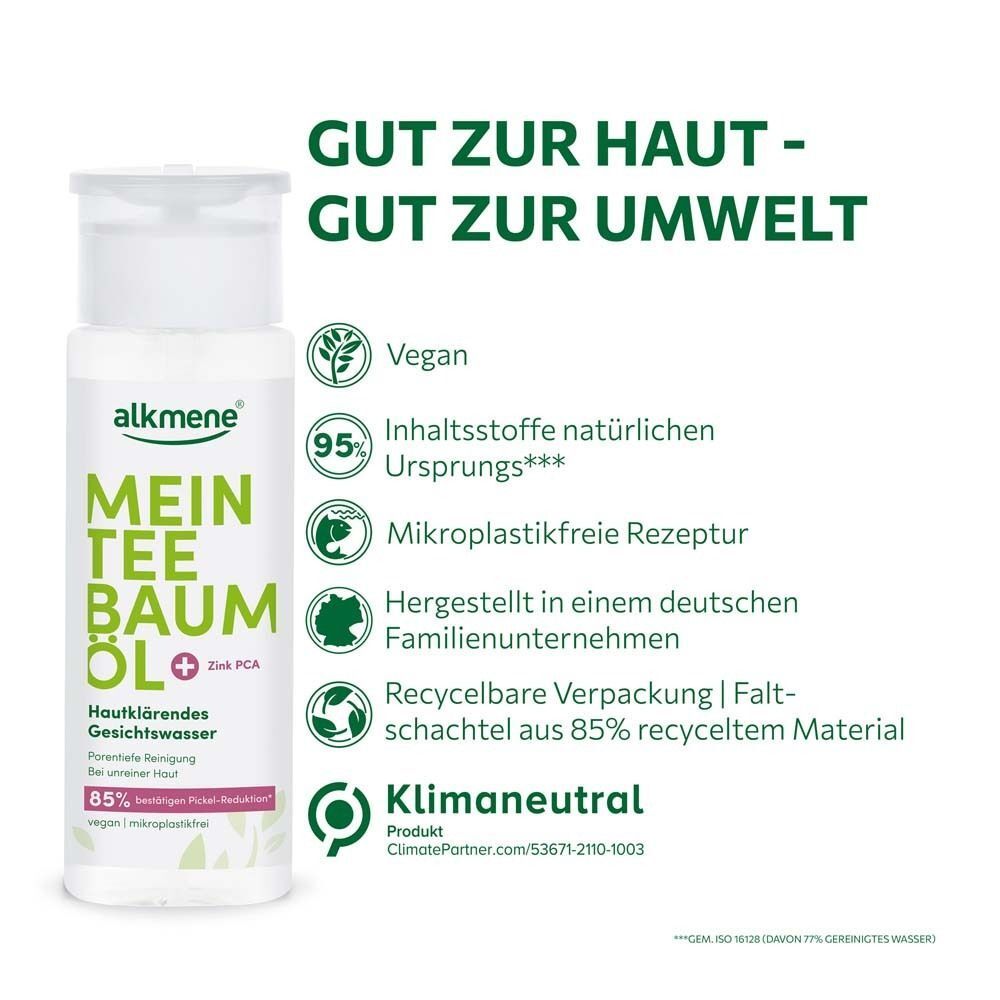 Flasche Gesichtswasser. Aufschrift: Mein Teebaumöl + Zink PCA. Text: Gut zur Haut - gut zur Umwelt. Vegan, klimaneutral.