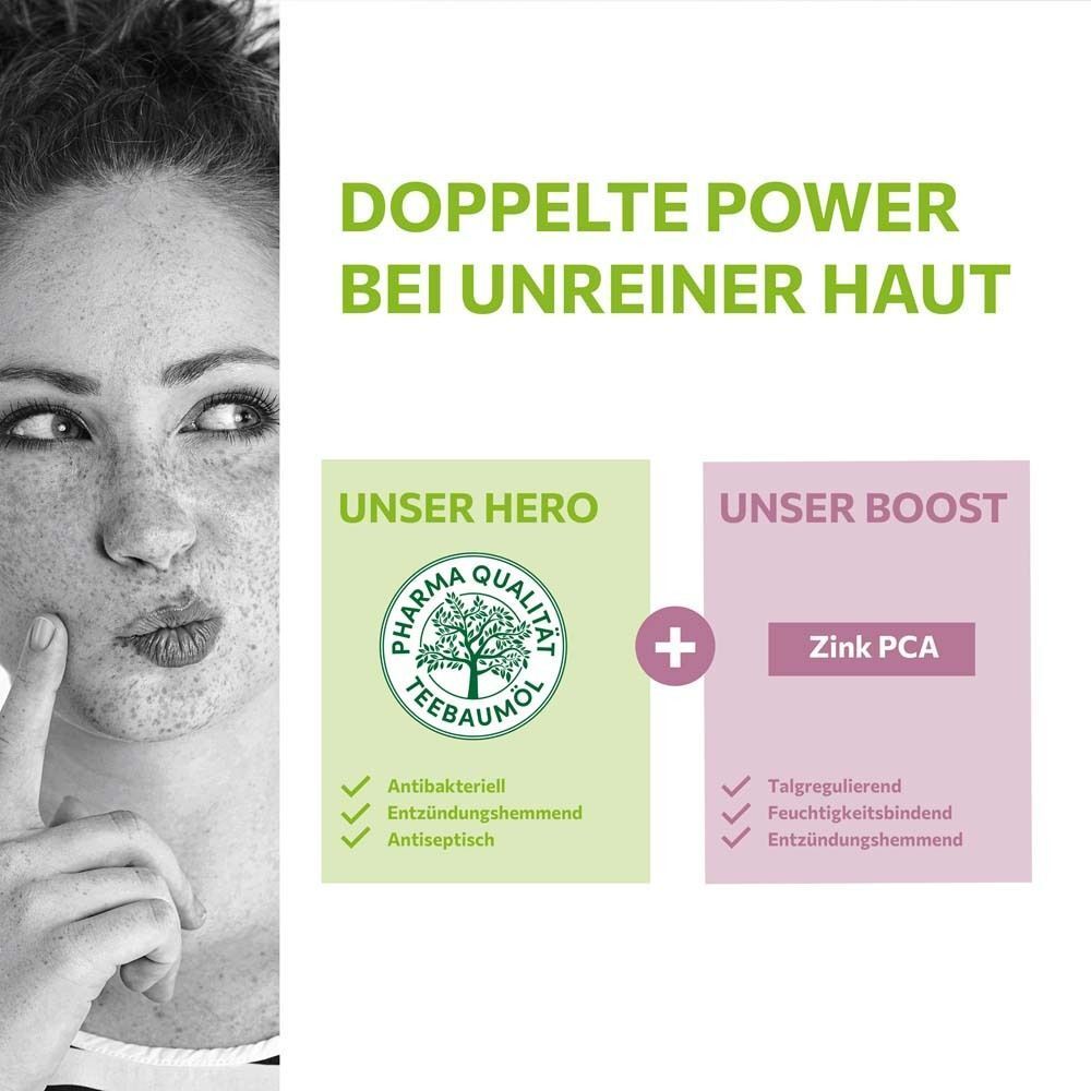 Gesichtswasser-Flasche und Text. Aufschrift: Mein Teebaumöl + Zink PCA. Text: Doppelte Power bei unreiner Haut. Pharma Qualität.