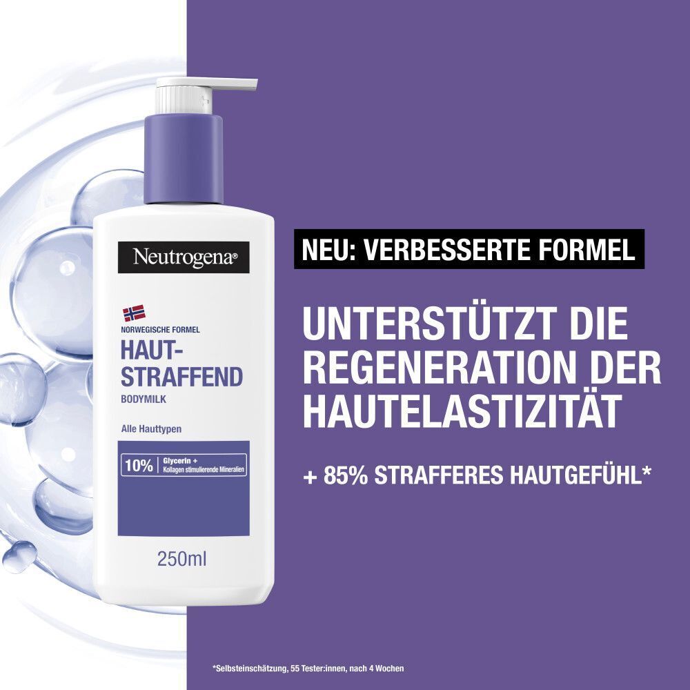 Weiße Flasche mit lila Deckel und Pumpe. Aufschrift: Neutrogena, Hautstraffend Bodymilk. Text: Verbesserten Formel, Regeneration der Hautelastizität.