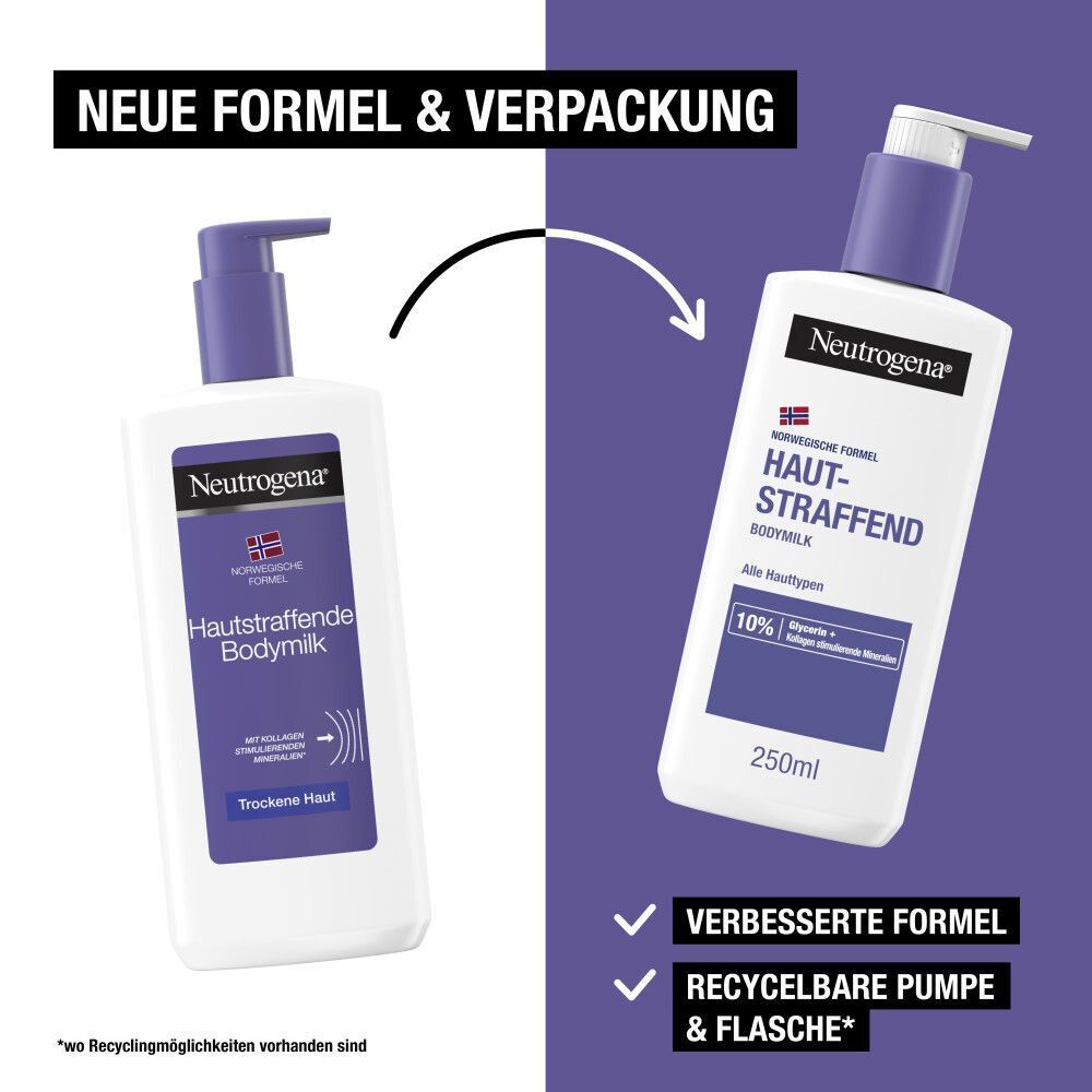 Vergleich von alter und neuer Verpackung. Text: Neue Formel & Verpackung. Verbesserte Formel & recycelbare Pumpe & Flasche.