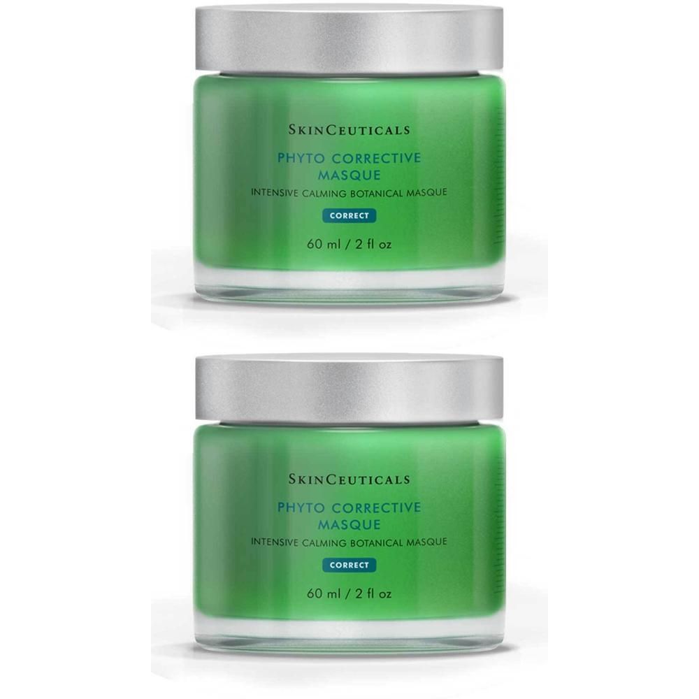 Zwei grüne Tiegel mit silbernen Deckeln. Aufschrift: SKINCEUTICALS, PHYTO CORRECTIVE MASQUE, INTENSIVE CALMING BOTANICAL MASQUE, CORRECT, 60 ml / 2 fl oz.