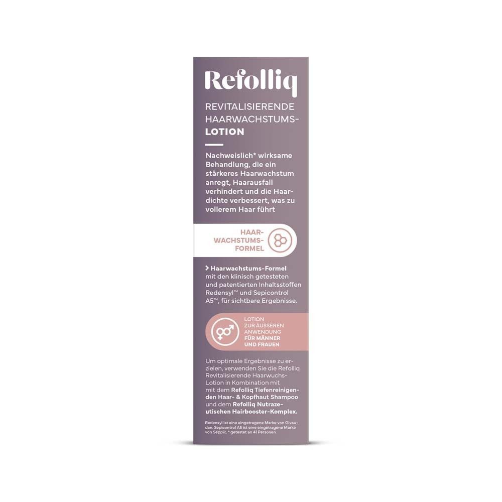Rückseite der REFOLLIQ Lotion-Verpackung. Textinformationen und Logo. Rosa und weiße Farbtöne.