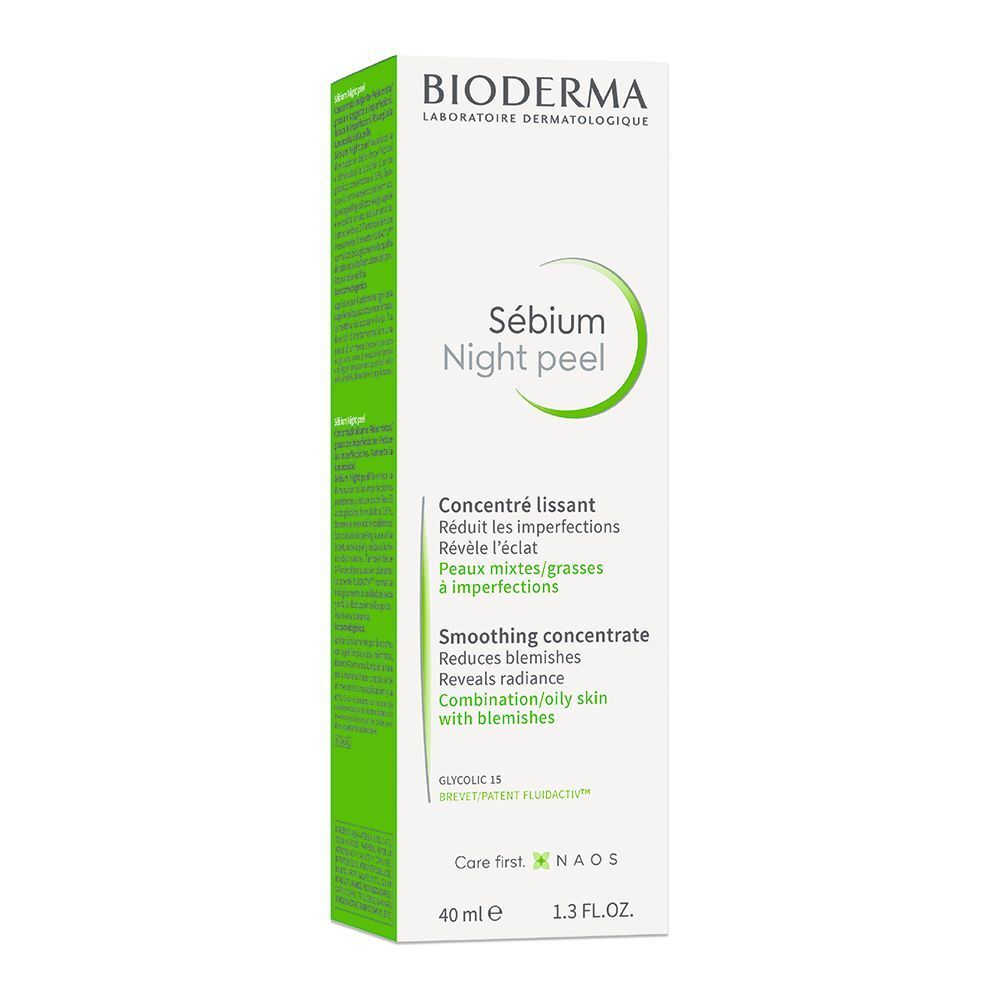 Weiße Schachtel mit grünem Akzent. Aufschrift: BIODERMA Sébium Night peel. Text in Grün. 40 ml, 1.3 FL.OZ.